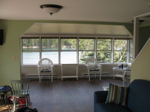 Sun porch from living room with channel & Malaga Island through windows